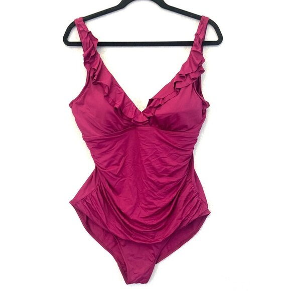 Lauren Ralph Lauren Ruffle Ruched One Piece Swimsuit 16 Fuchsia Pink Slimming - Picture 1 of 14